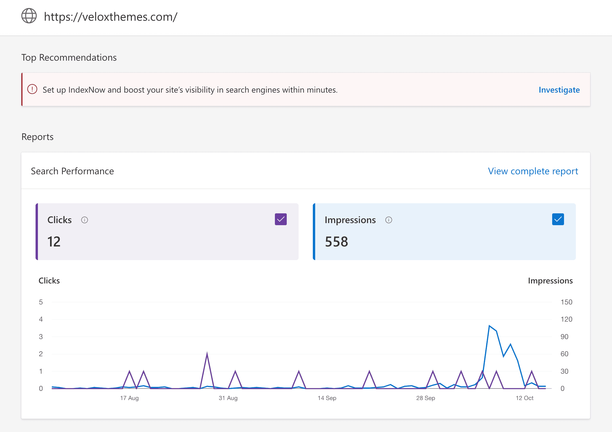 Bing webmaster tools dashboard