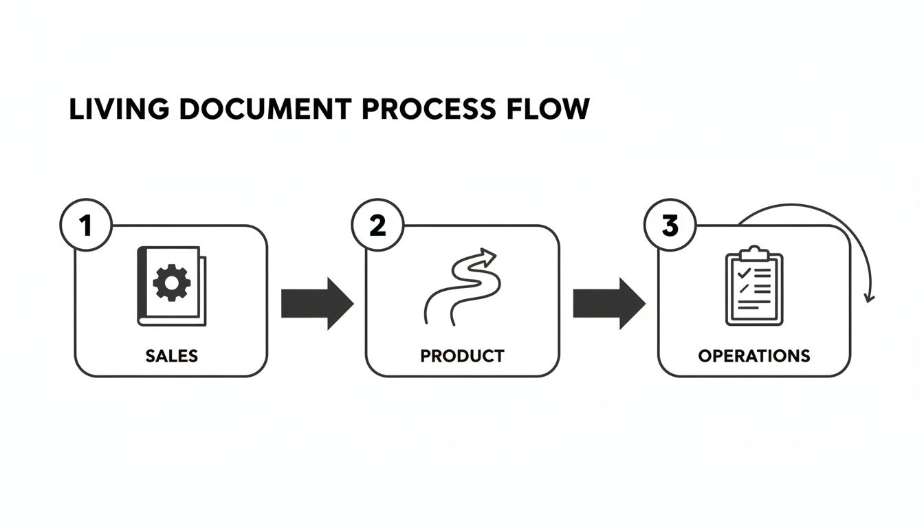 A flowchart illustrates a living document process flow with steps from Sales, Product, to Operations, including a feedback loop.