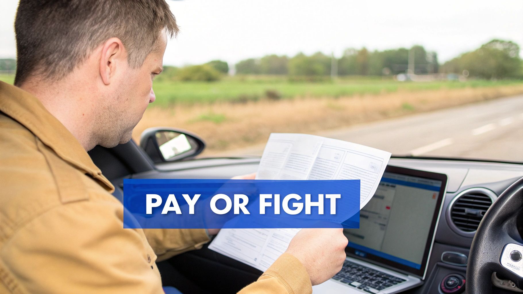 A man in a car reads a document with a laptop nearby, considering 