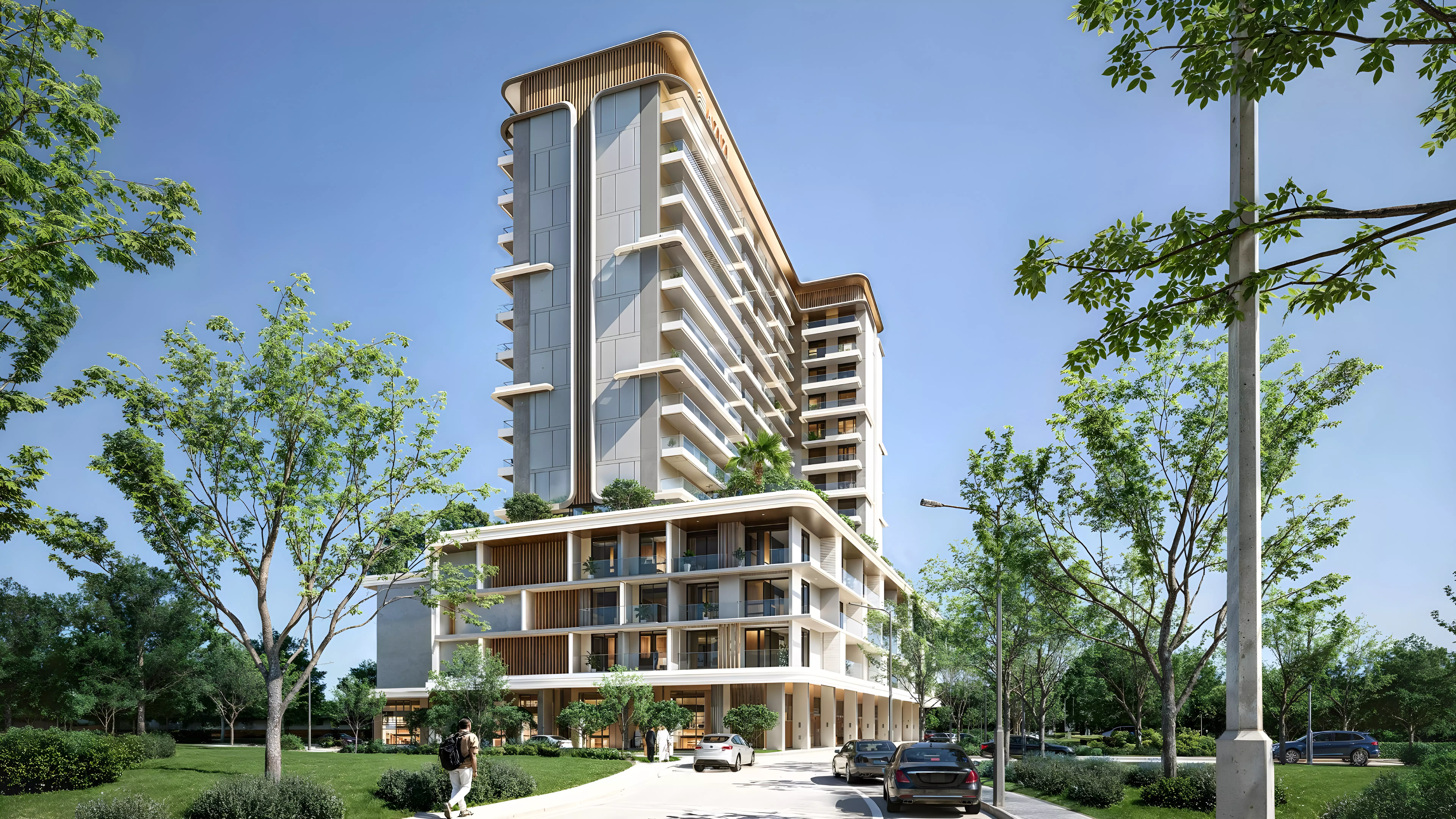 Artist's rendering of a modern apartment building designed by Azizi Noura, showcasing sleek lines and contemporary architecture.