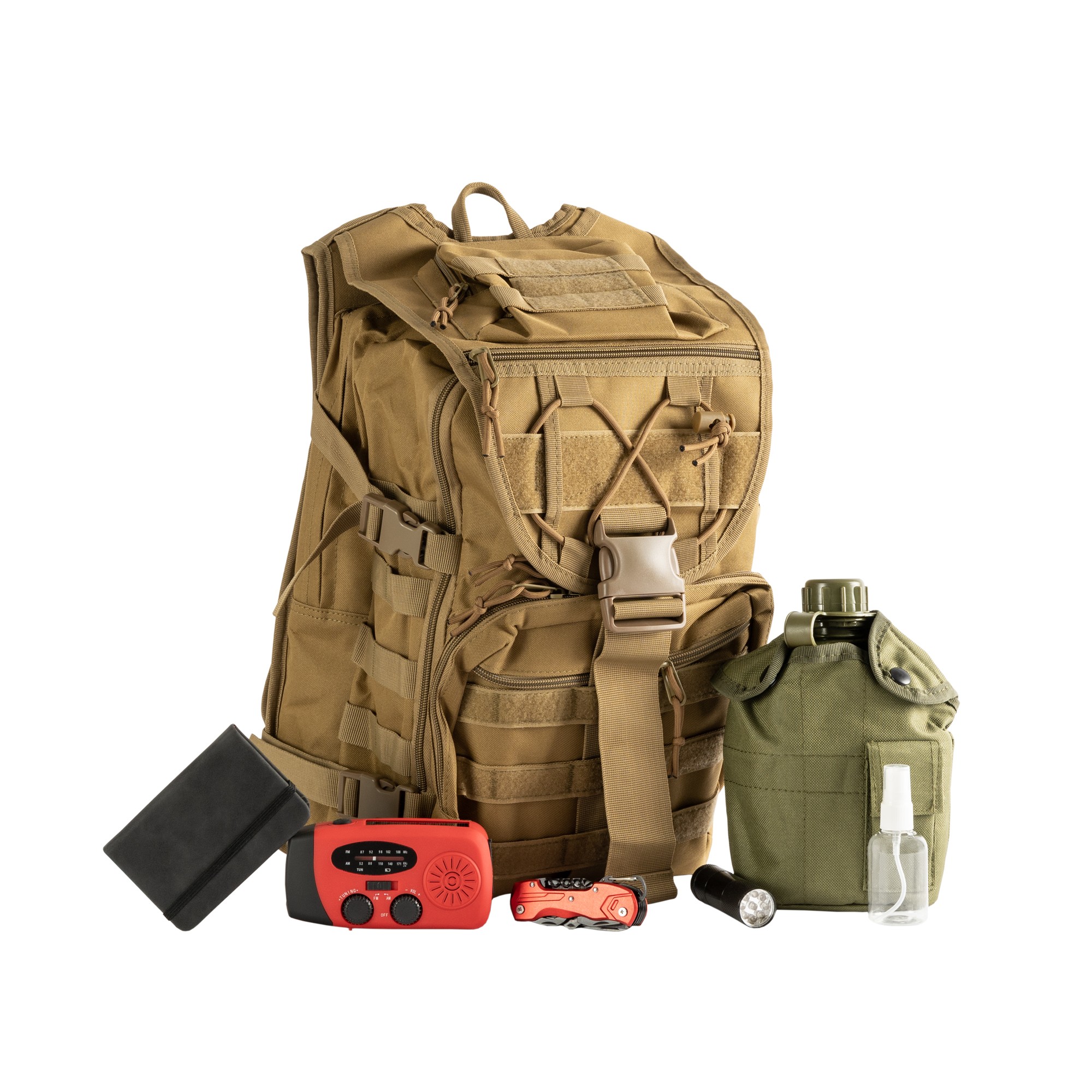 Military backpack and EDC products on a white background