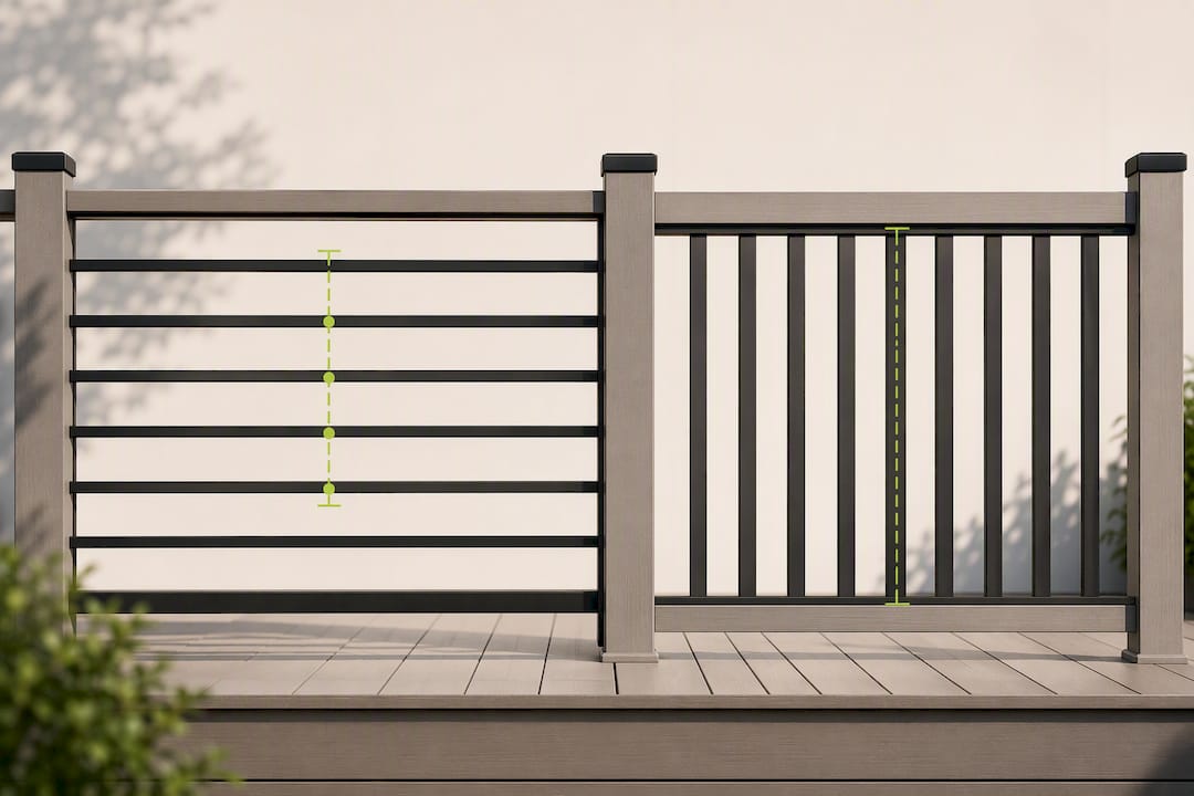 Illustration comparing horizontal and vertical railing climbability