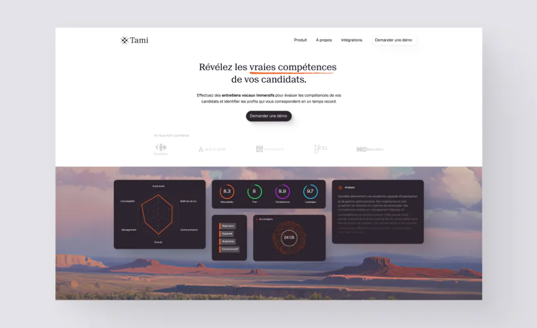 Tami website homepage with candidate skill dashboards