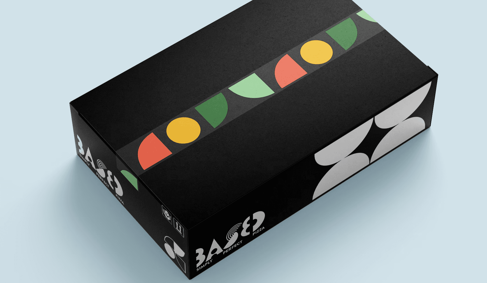 Based Pizza branded box with logo and icon tape