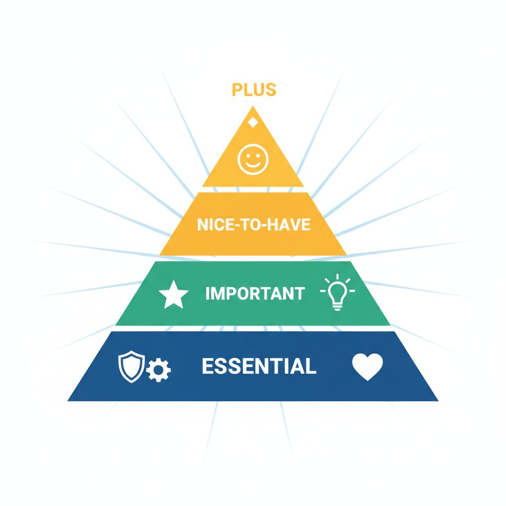 Workout app features hierarchy diagram showing essential to optional features