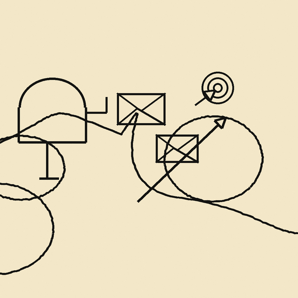 Editorial line drawing of inbox metrics, deliverability curves, and sender reputation marks on warm cream paper.