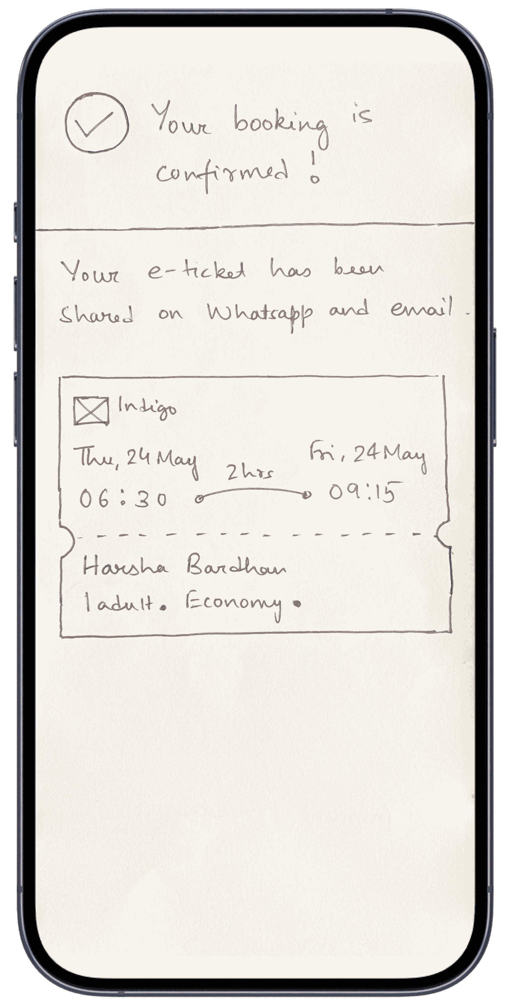 Pen & paper wireframe sketch of Booking Confirmation