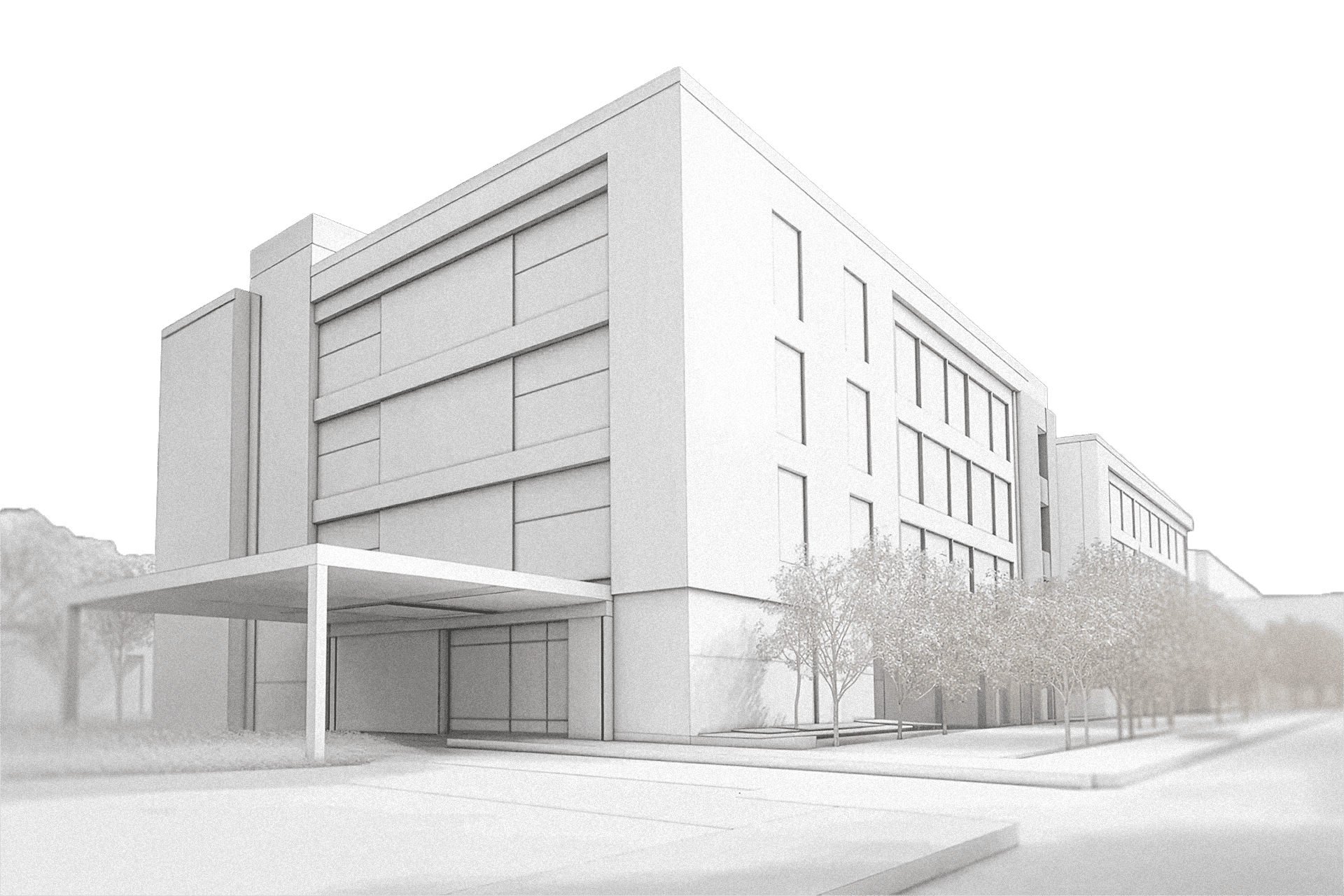 3D_white_model_of_a_hotel_on_a_pure_white_background_and_trees