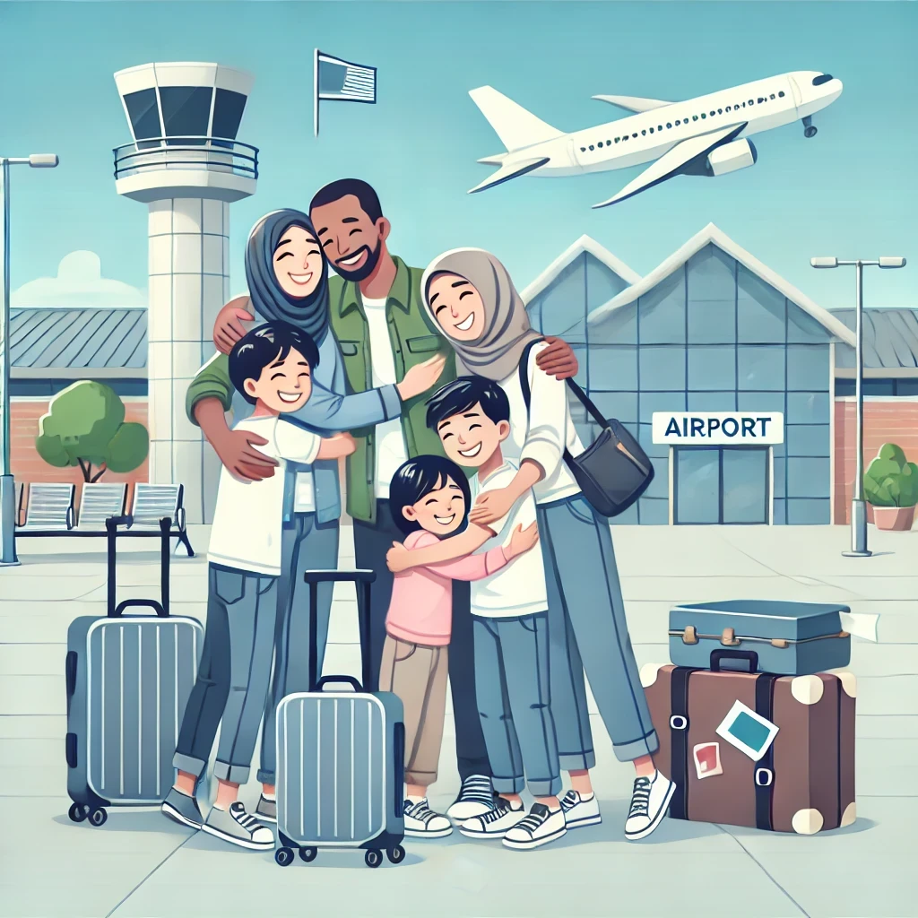 Family reunion at an airport, illustrating the joy and importance of family-based immigration sponsorship.