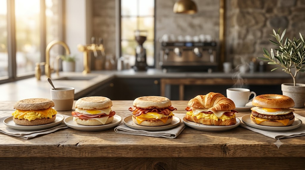 A high-end editorial food photograph showing five diverse breakfast sandwiches arranged in a lineup on a rustic wooden counter. From left to right: a whole-wheat English muffin with egg whites and cheese, a ham and egg English muffin, a classic bacon and egg English muffin, a flaky bacon and egg croissant, and a sausage and egg bagel sandwich. Two generic white coffee cups and a small plant are in the background. The background is a gently blurred, warm morning cafe setting with natural window light. No logos or text are present.