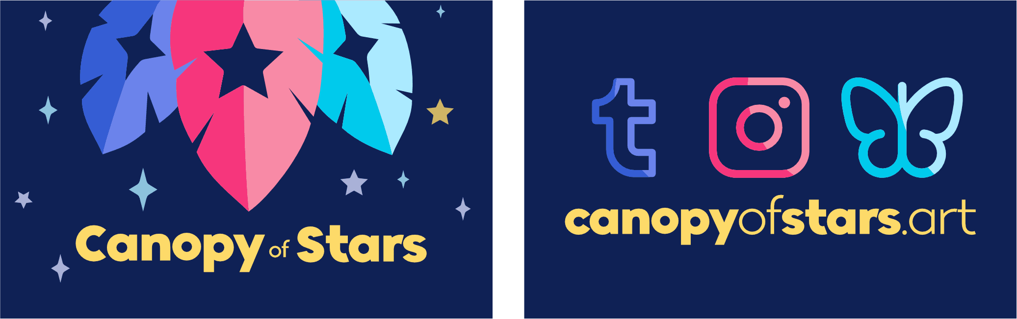 Business card designs for Canopy of Stars. the Leaves of the logo reach in from the top in their purple, pink and turquoise coloration. the Slogan is placed on the bottom middle and there are tiny stars on the background. the backside of the business card has tumblr, instagram and bluesky icons in the same colors as the icons and the website url which spells: canopyofstars.art.