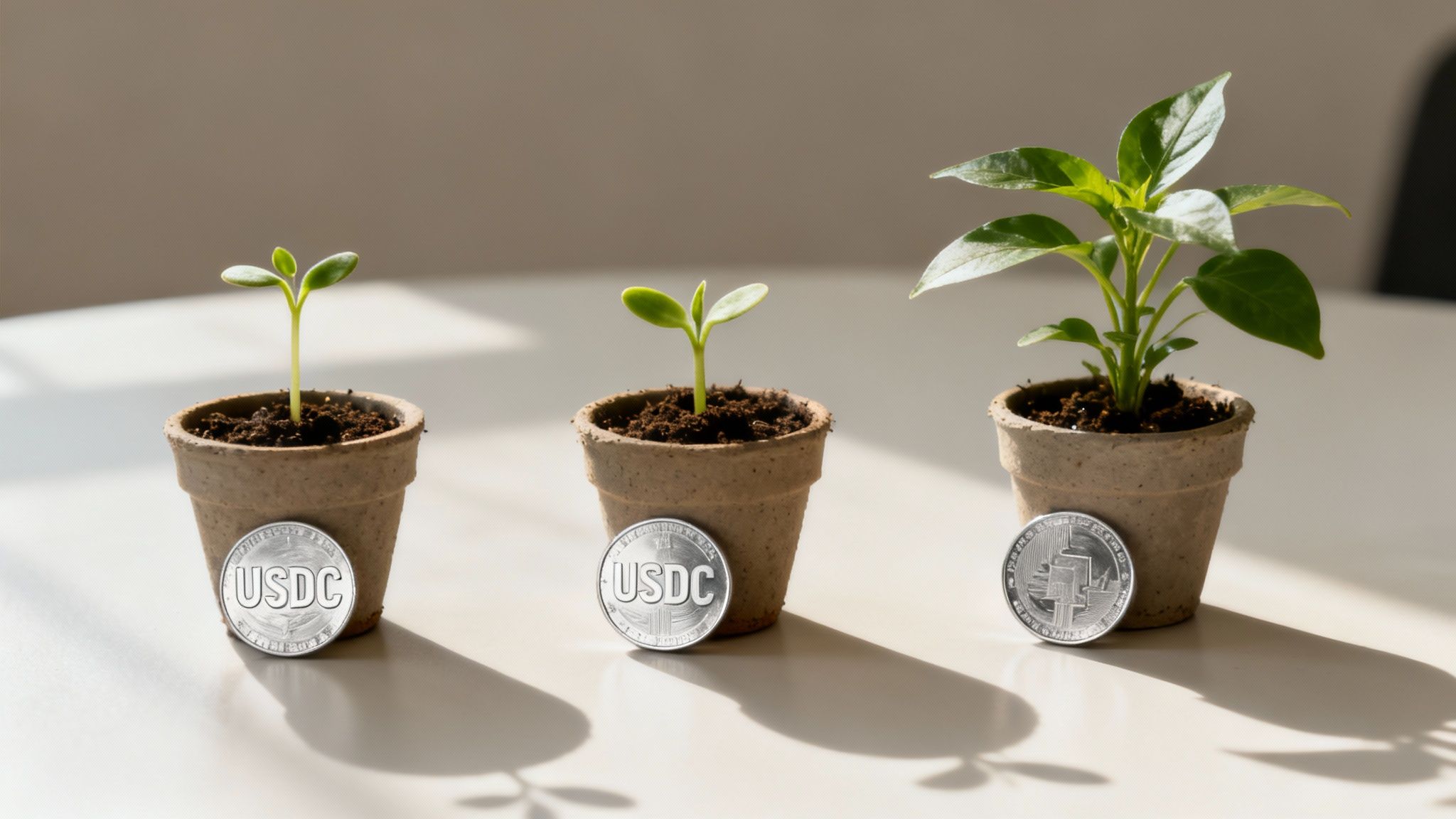 Three potted plants at different growth stages, each with a cryptocurrency coin in front, symbolizing investment growth.