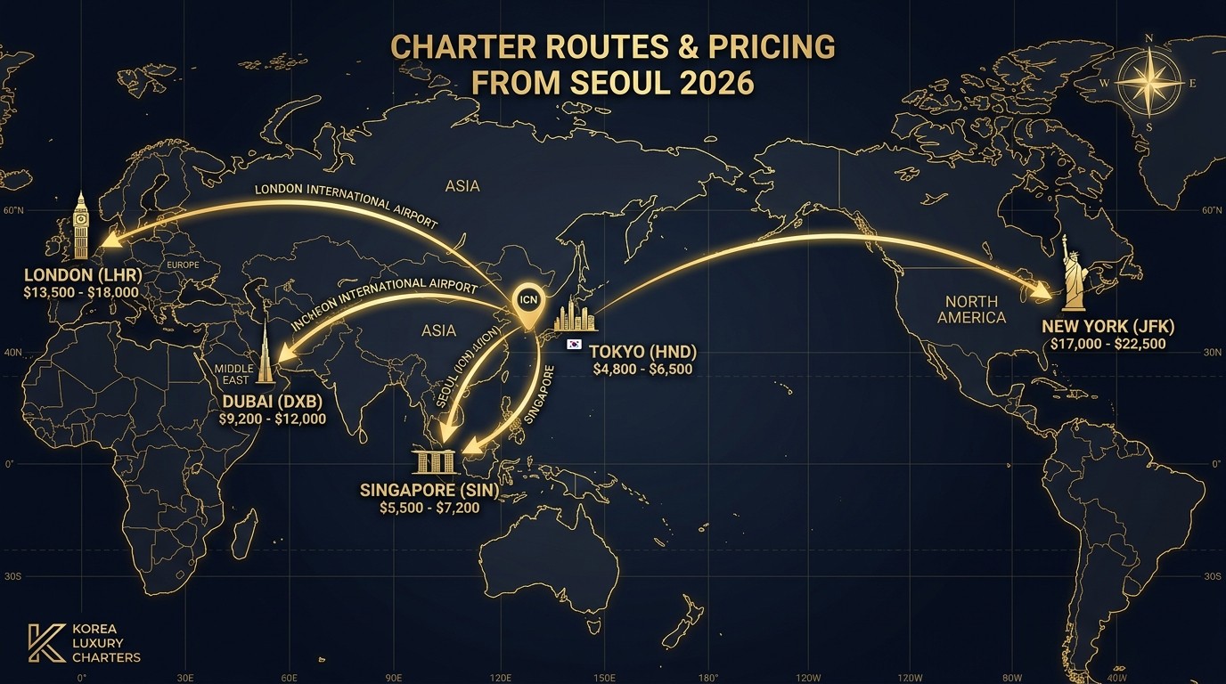 Private jet charter pricing by route from Seoul 2026 — Tokyo Singapore London New York cost map