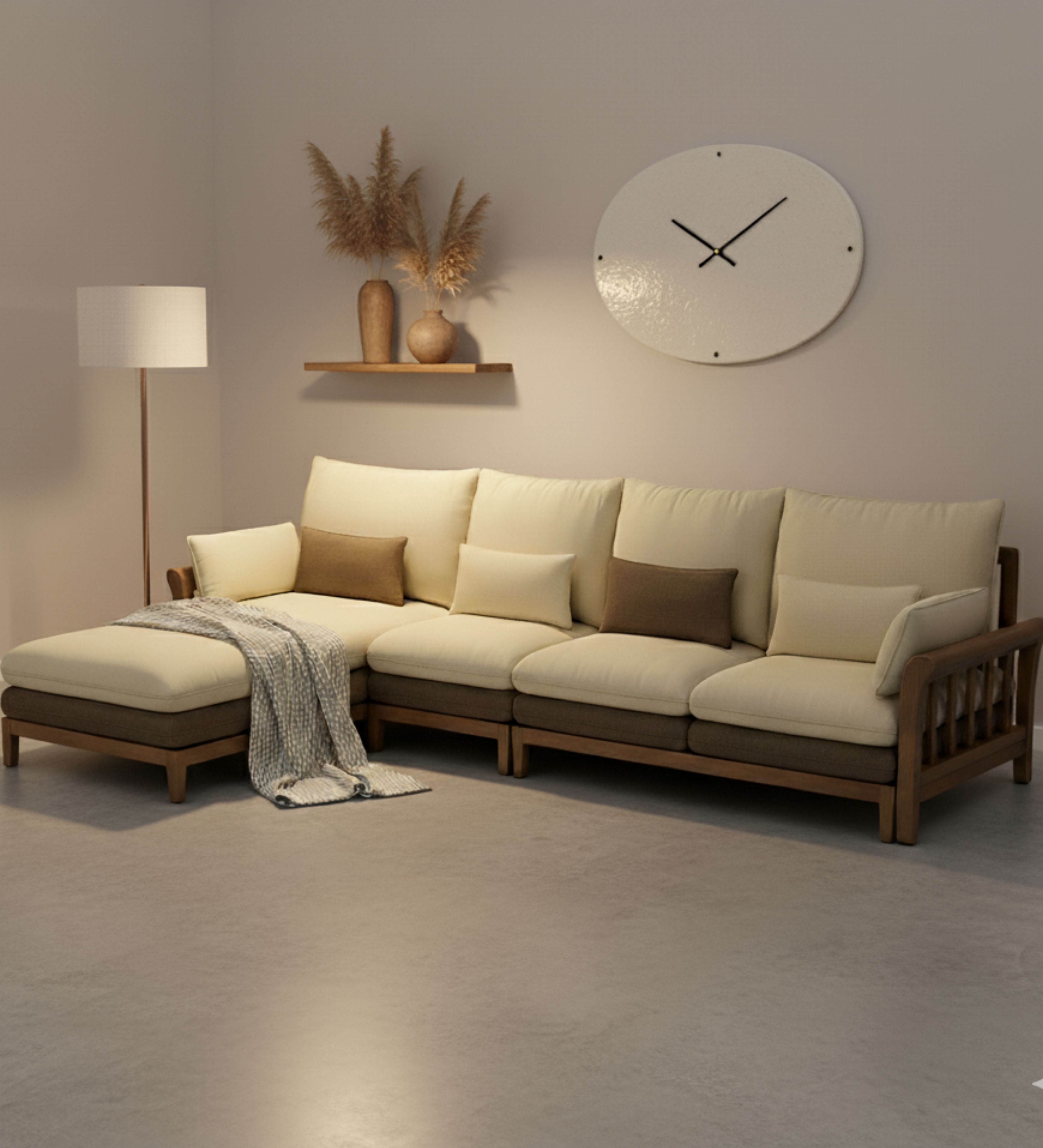 Wood‑framed sectional sofa with airy proportions and relaxed classic appeal