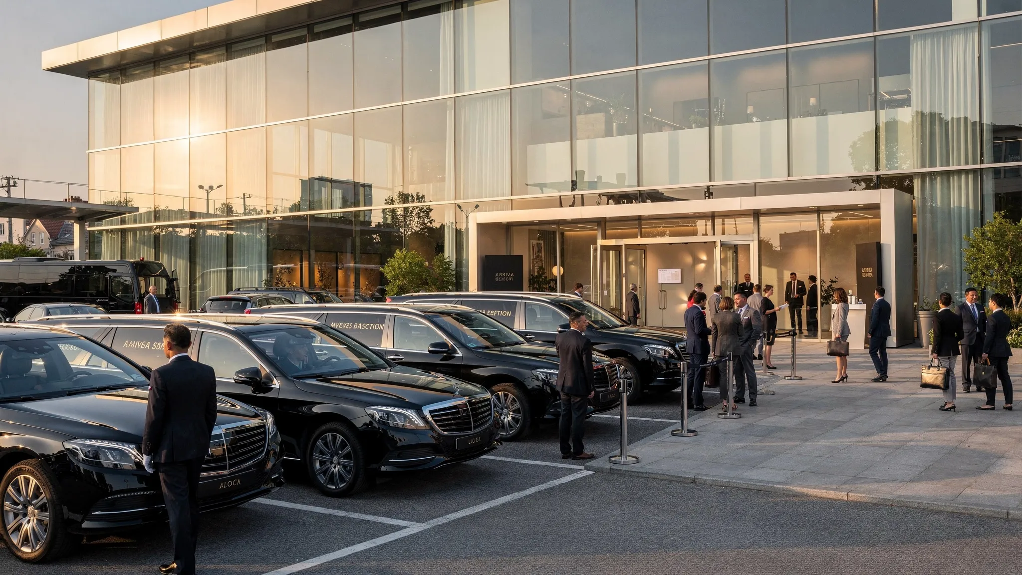 Luxe groepsvervoer met meerdere chauffeursvoertuigen bij een zakelijke eventlocatie, met gasten die overzichtelijk aankomen bij een duidelijke ontvangstzone.