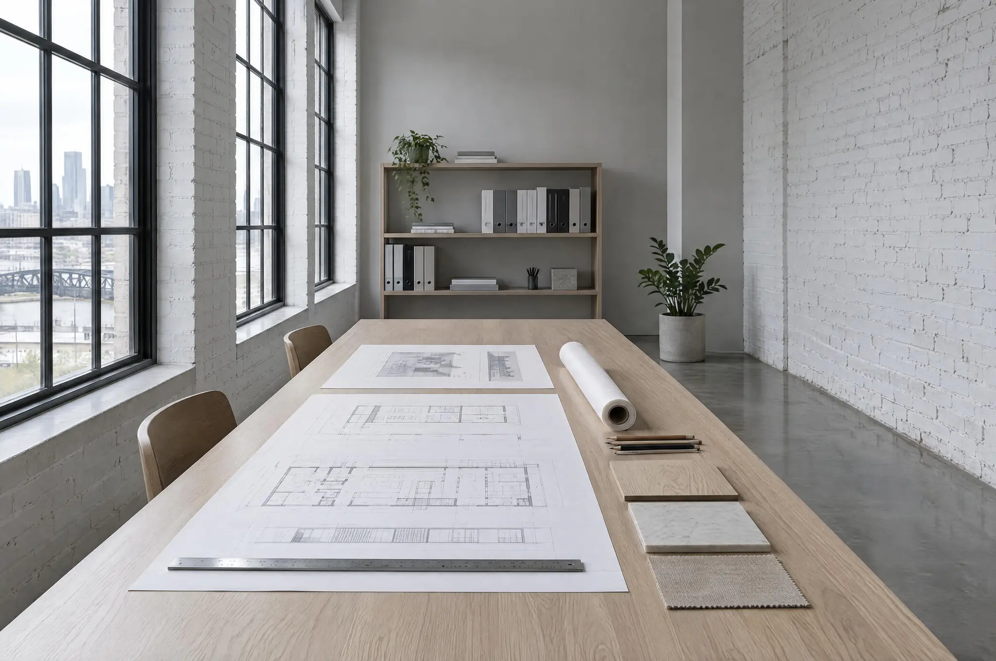 The studio worktable with printed floor plans, tracing paper and material samples by tall steel windows