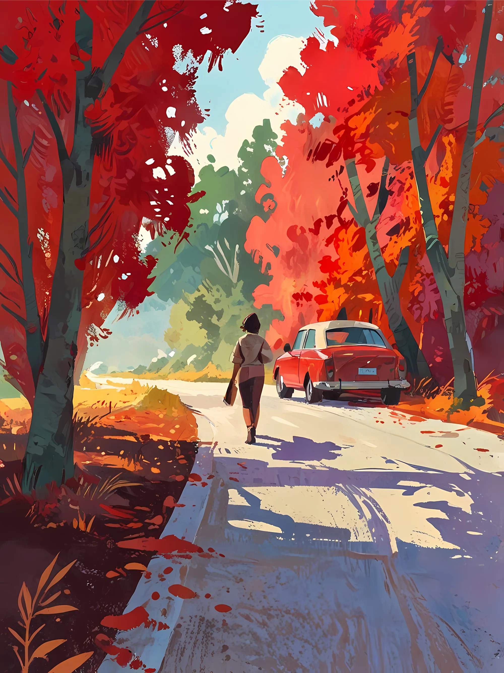 Profesional caminando por una vibrante calle otoñal hacia un automóvil estacionado, simbolizando el camino que recorren los profesionales de la contabilidad para superar los puntos ciegos de la nómina y proteger su práctica.