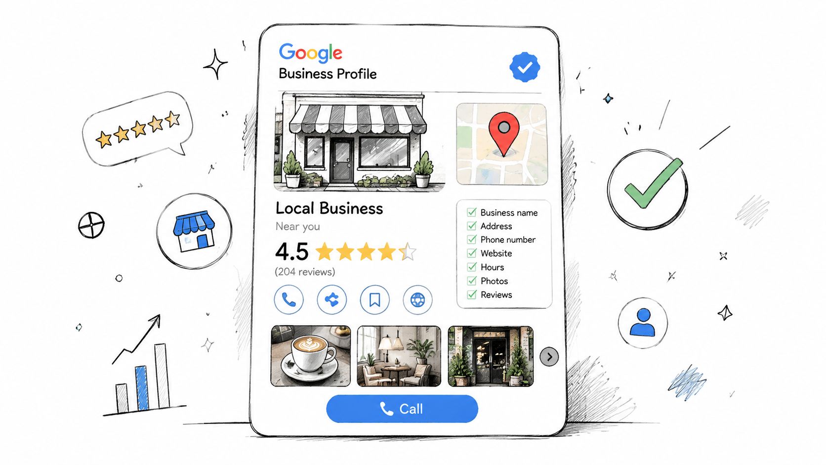 A hand-drawn illustration of a Google Business Profile listing on a screen showing business information and details.