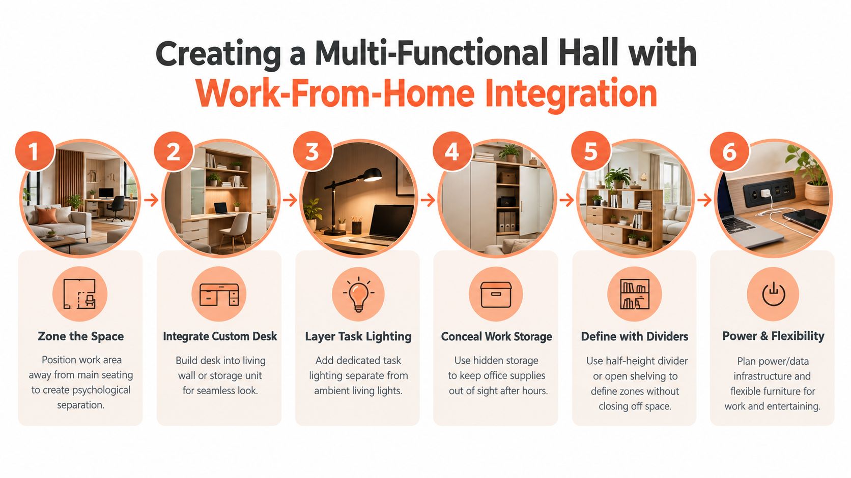 A six-step infographic showing how to create a multi-functional hall with home office integration.
