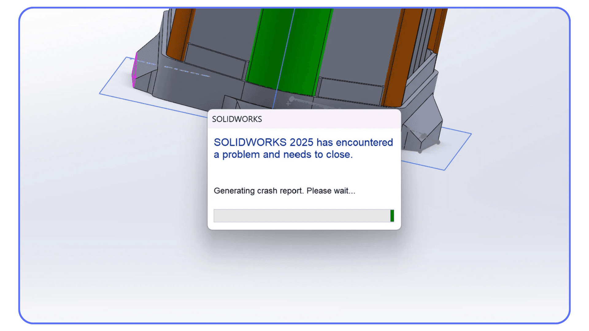 SolidWorks crash error message indicating the application has stopped responding during modeling