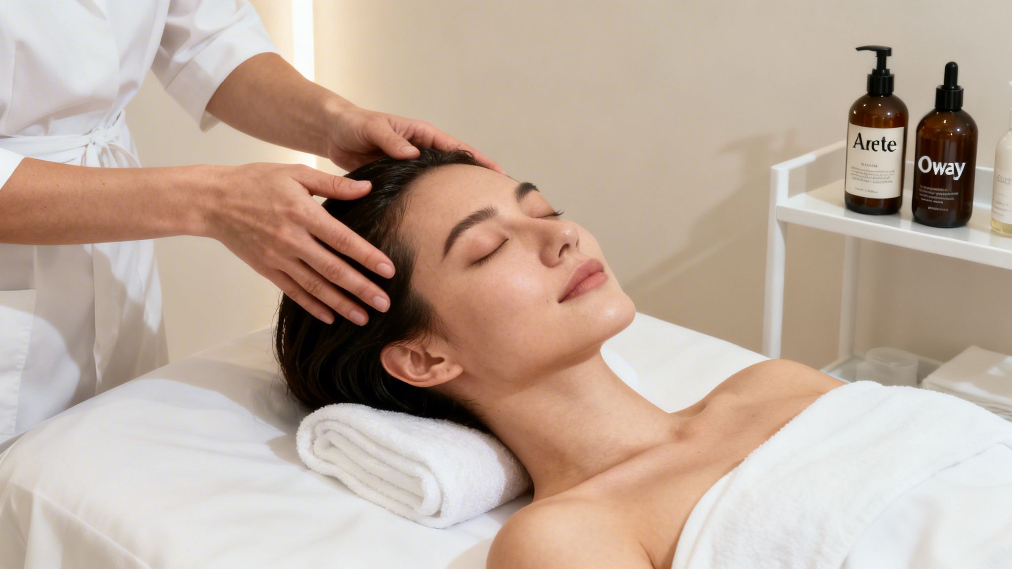 A woman with eyes closed receives a relaxing head massage from a therapist in a serene spa setting.