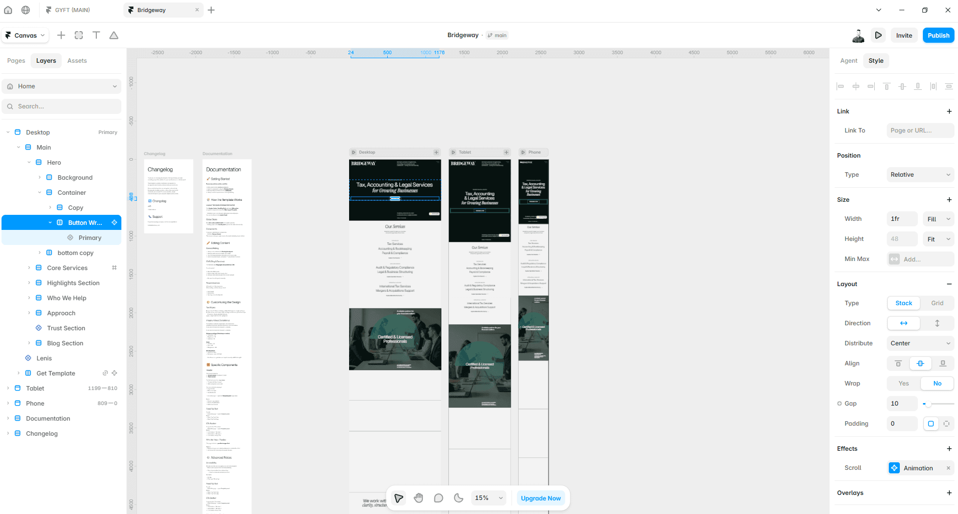 Framer editor showing the Bridgeway accounting website template with the Layers panel open, displaying the homepage structure alongside desktop, tablet, and mobile layouts.
