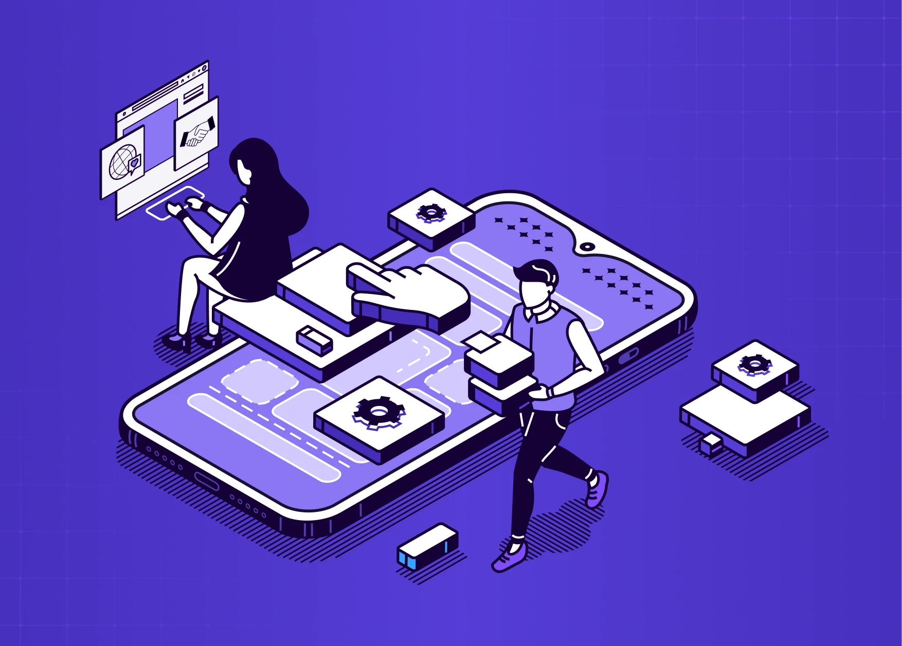 Illustration of designers interacting with a large mobile interface, assembling UI components and workflows on a smartphone canvas. 