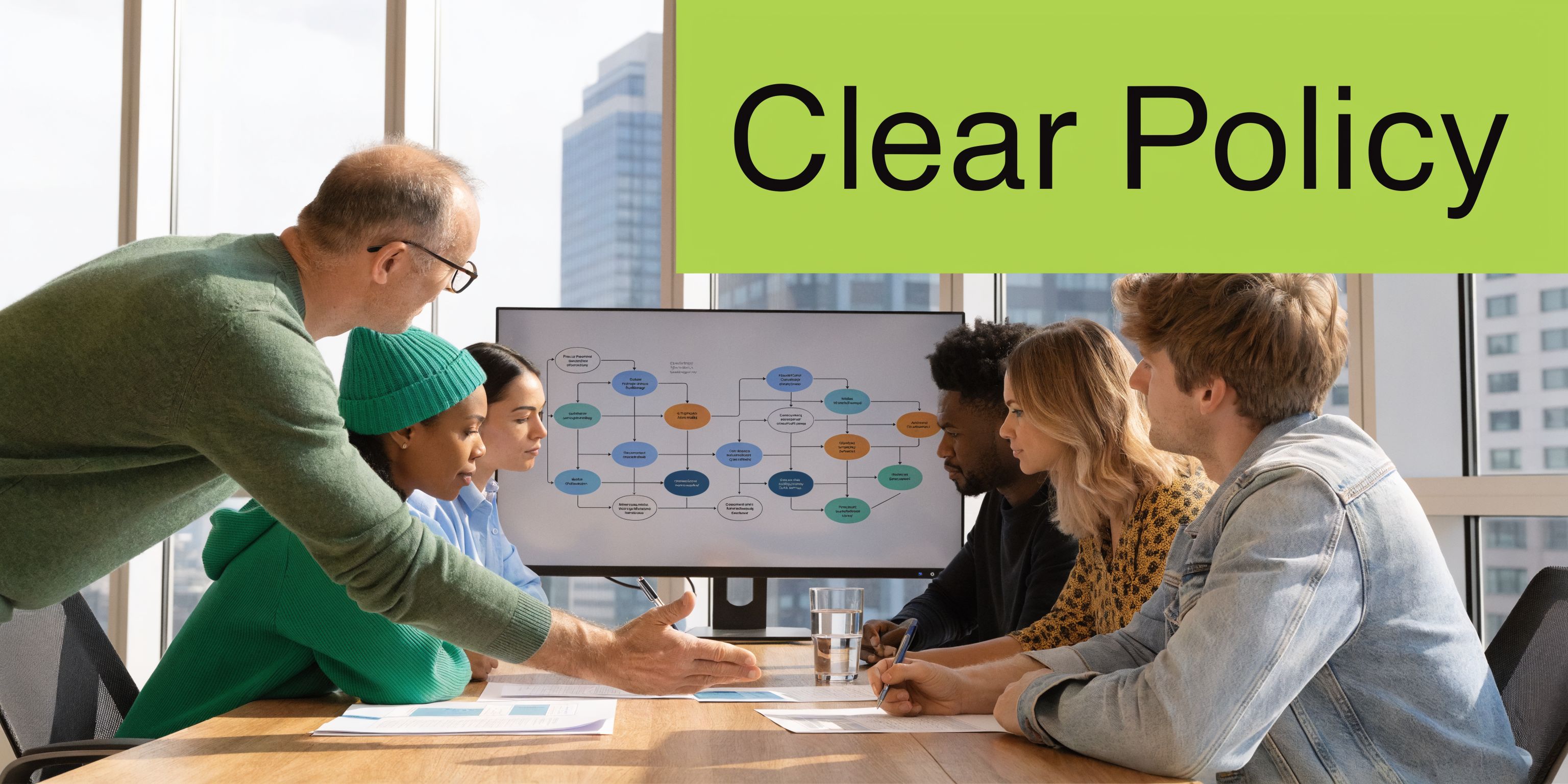 A diverse team of professionals collaboratively analyzing a complex flowchart on a monitor during a business meeting.
