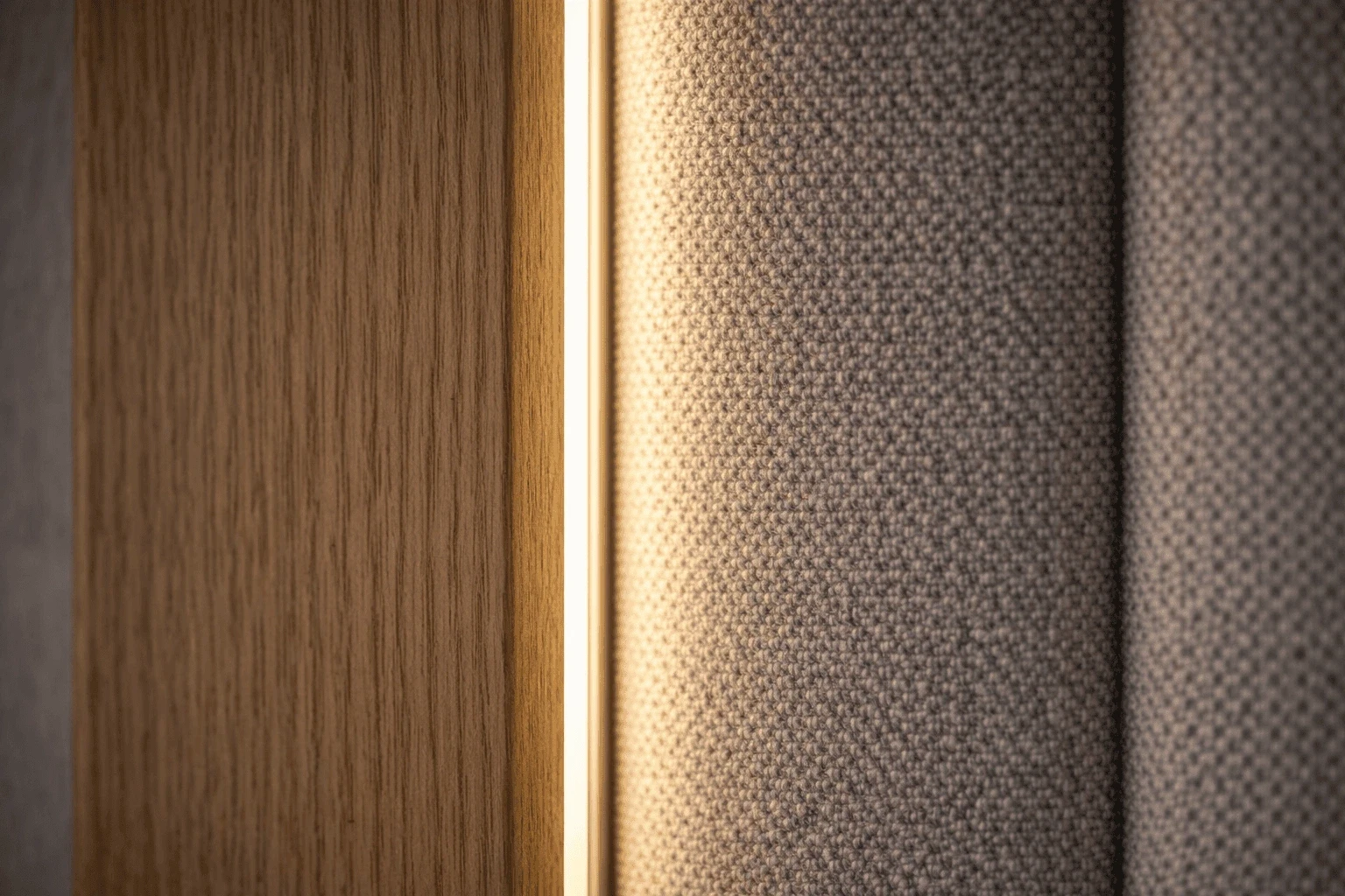 Pionowa linia światła z taśmy LED COB 8 mm między drewnianą zabudową a tapicerowanym panelem