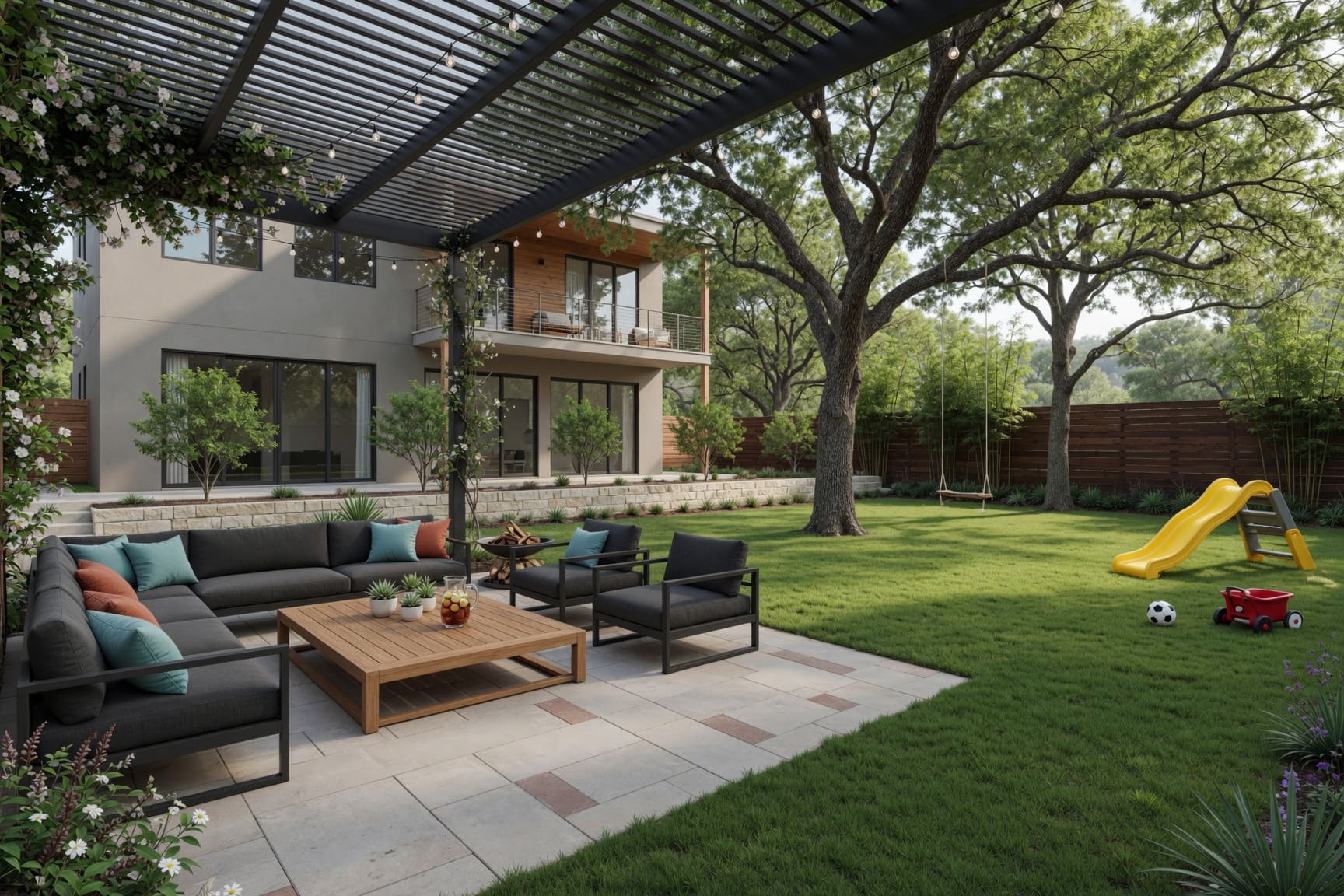 Backyard patio with pergola, outdoor seating, and mature oak tree