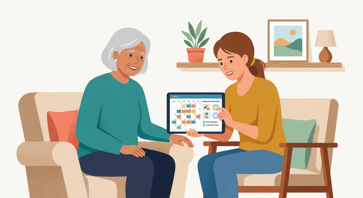 Senior care app idea with a shared family calendar and medication reminders on a tablet