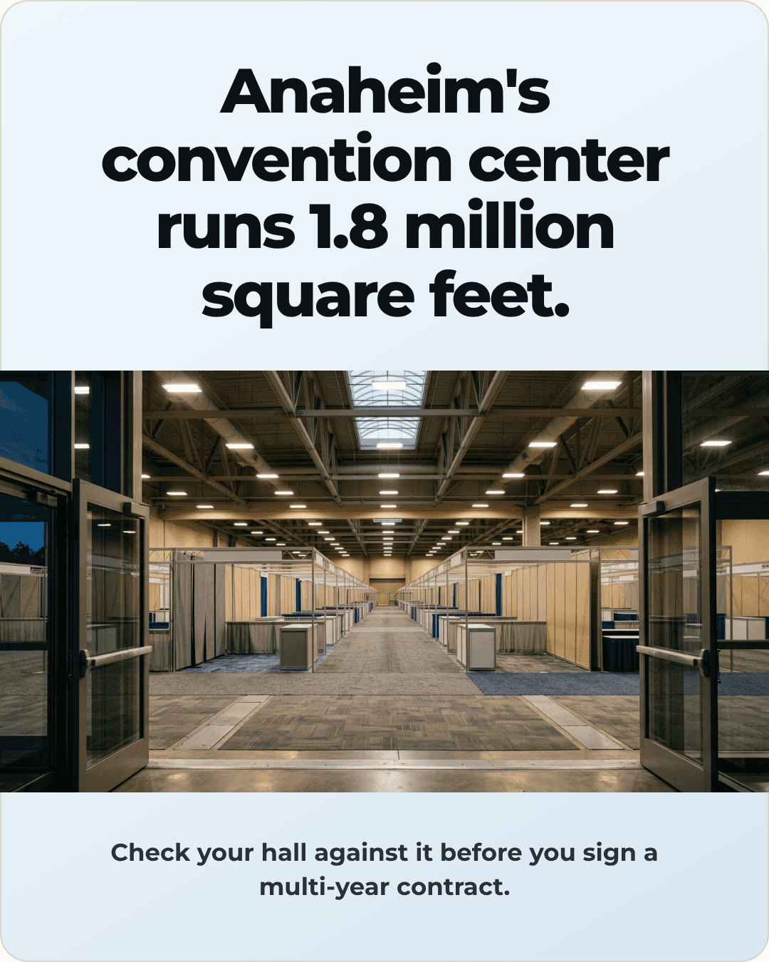 Anaheim's convention center runs 1.8 million square feet. Check your hall against it before you sign a multi-year contract.