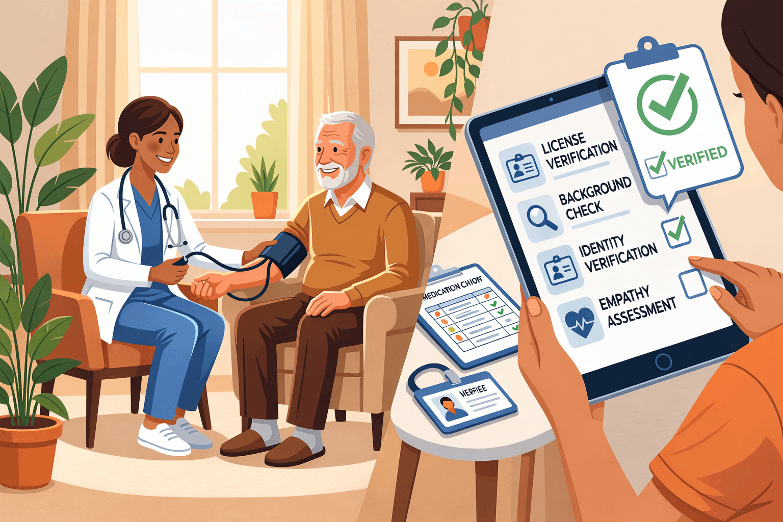 Home nurse assisting elderly patient while family member checks license verification and background screening on digital checklist.