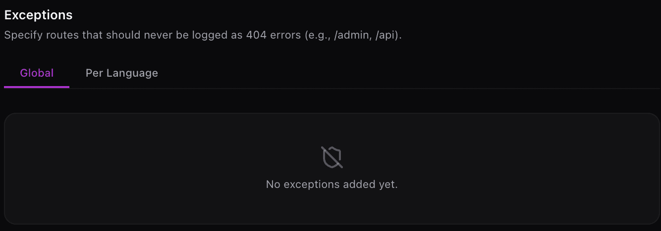 Global and per language tabs in the 404 monitor exceptions panel