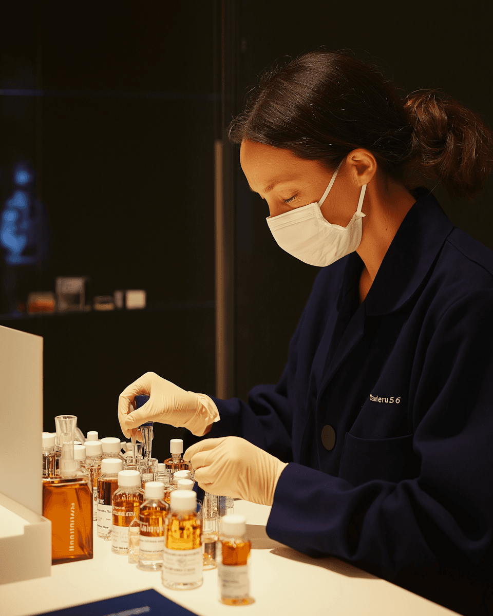 A woman in a mask and gloves works intently with small bottles and vials on a lab counter, conveying focus and professionalism.