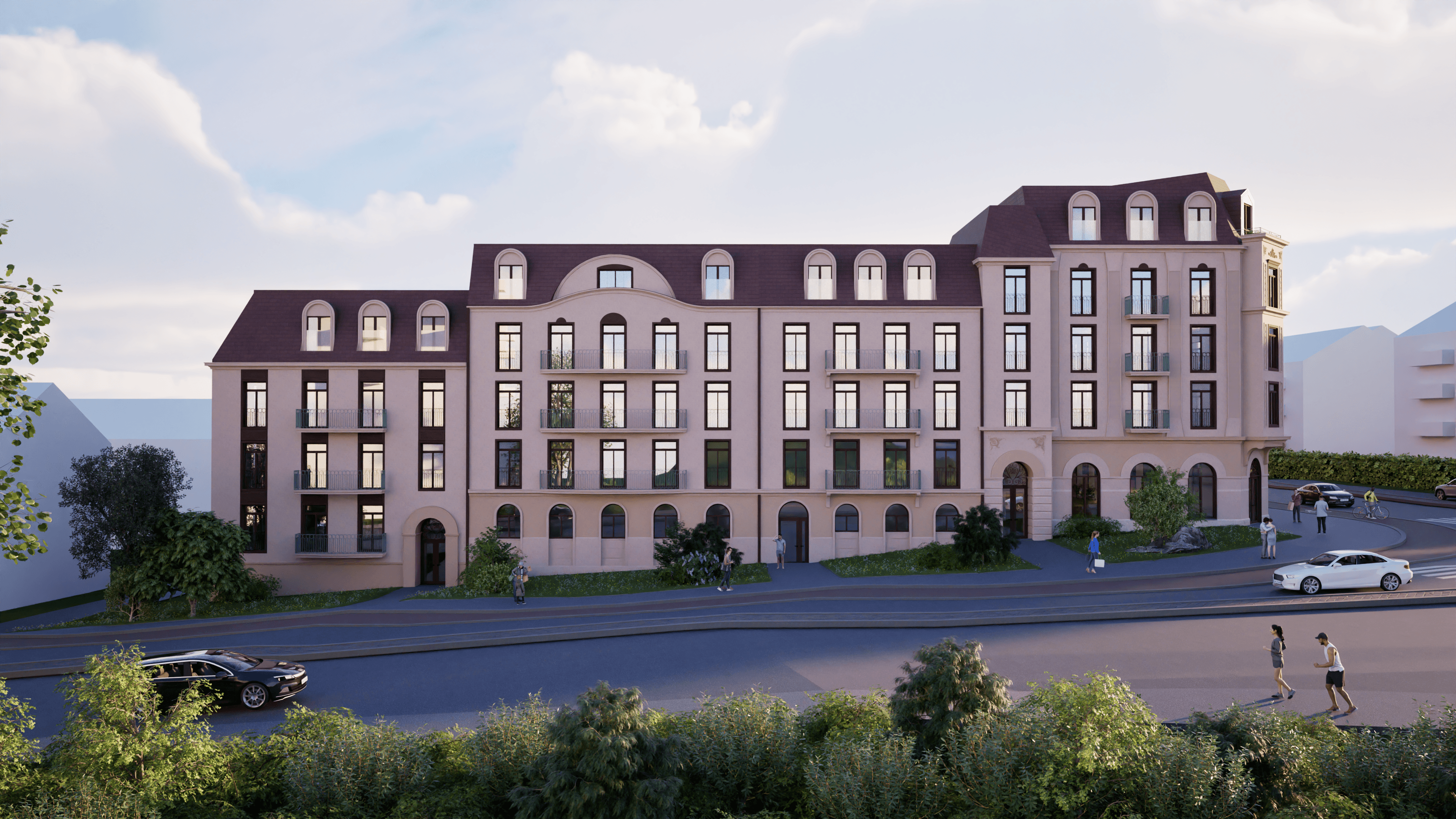 Fasadedetaljer i HasleHaven med buede vinduer, klassiske profiler og grønne balkonger