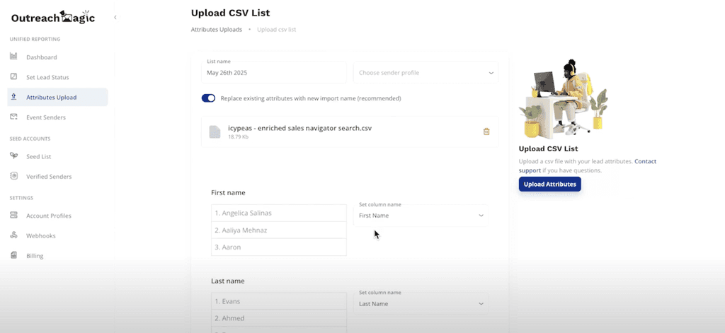 Uploading a lead list CSV file to the Outreach Magic 'Attributes Upload' page to map lead data like company industry and job title for advanced reporting.