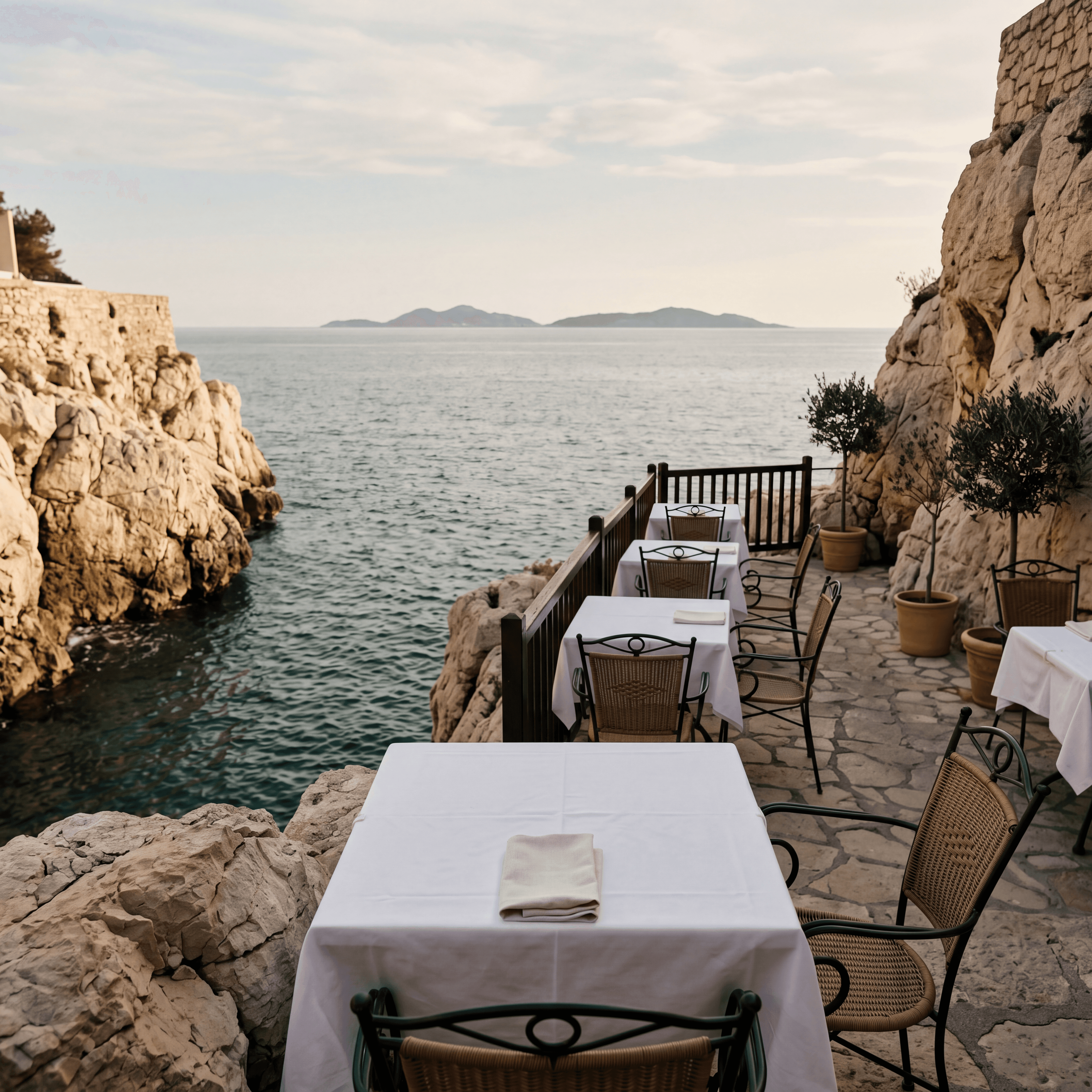 Stone terrace restaurant on Cap d'Antibes coastline, white linen dining table above the Mediterranean with Lérins Islands on the horizon