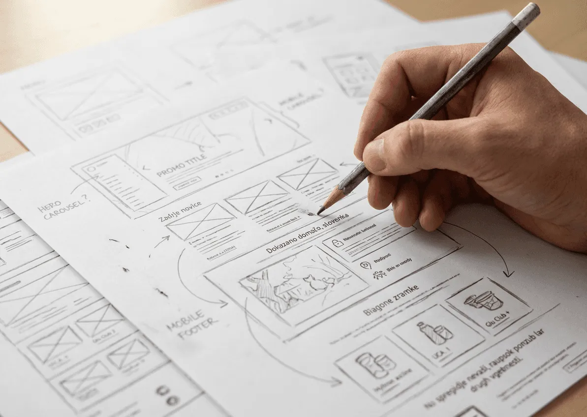Process of working on an UX project - sketching wireframes on paper.