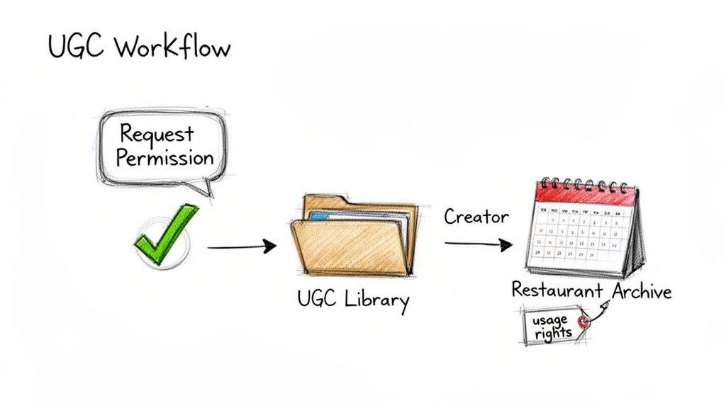 A workflow diagram illustrating steps for User-Generated Content (UGC) with permission, library, and usage rights.