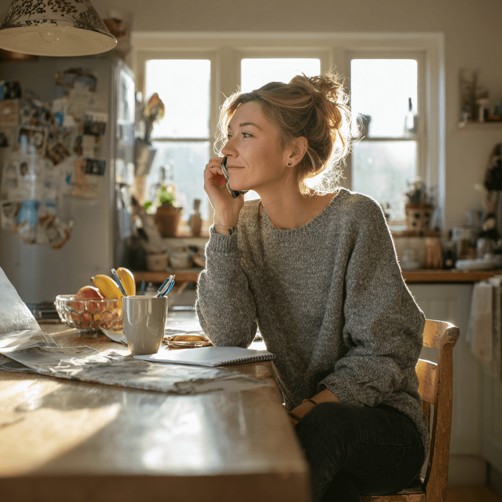 Woman talking to ai agent on phone happily