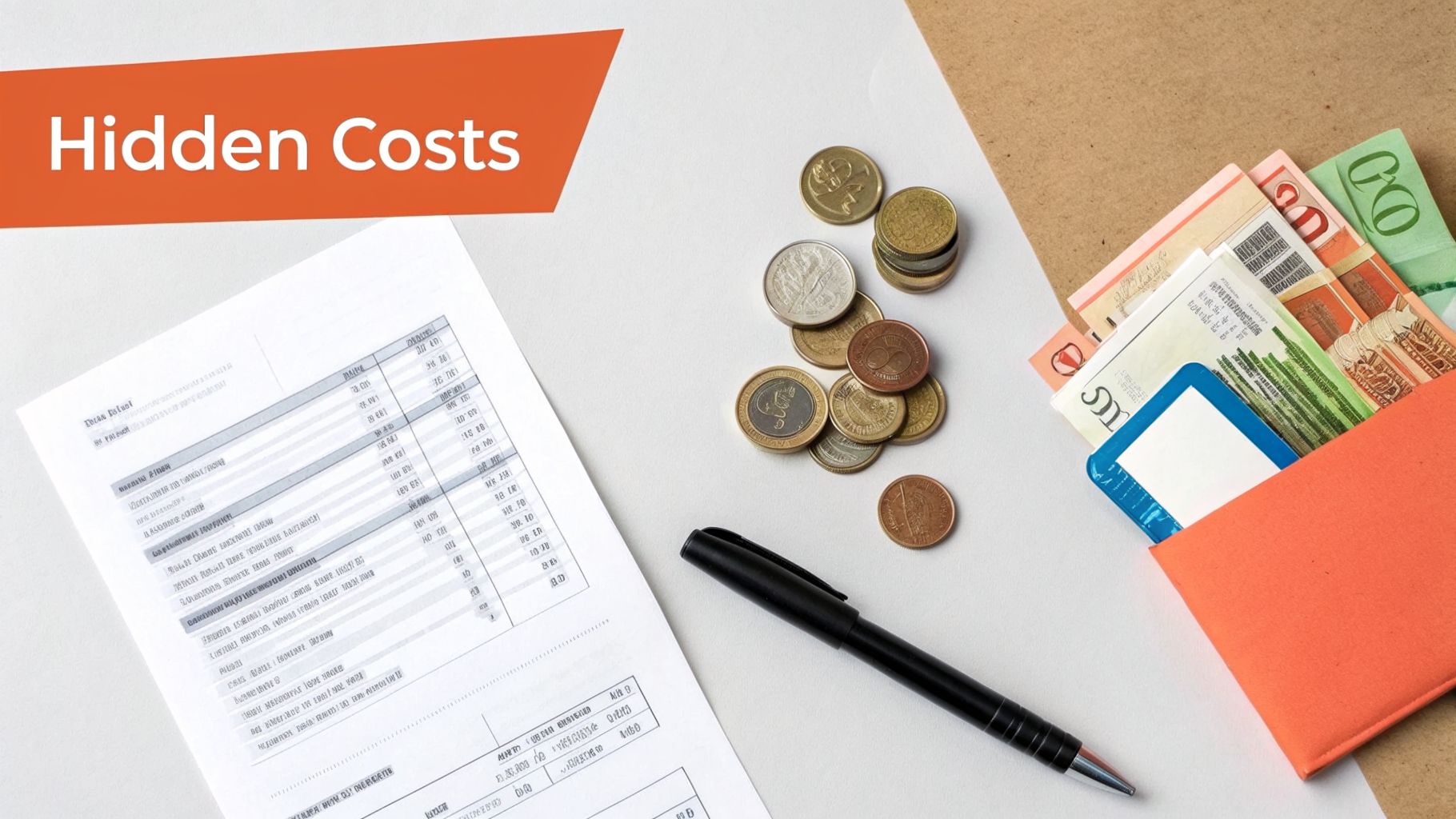 Overhead shot of financial documents, coins, a pen, and cash in a wallet, with 'Hidden Costs' banner.