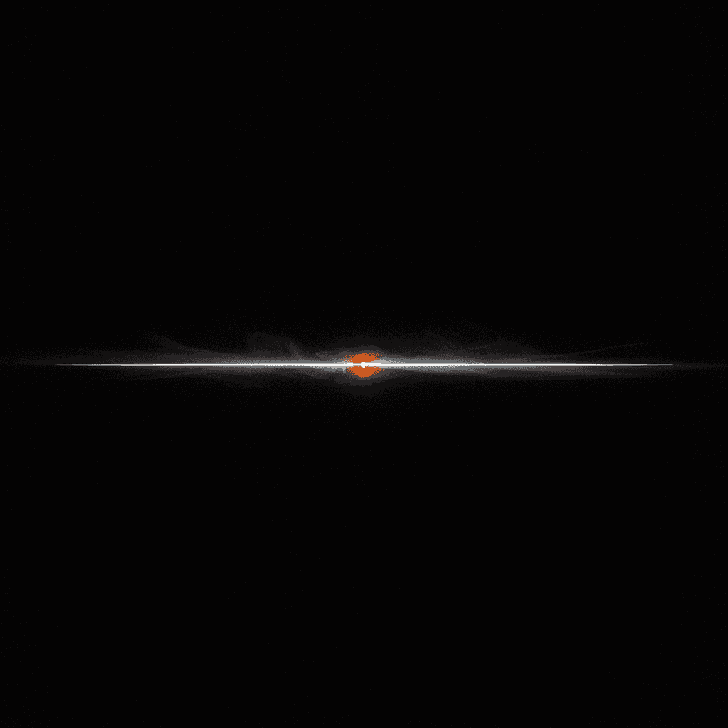 A single thin orange line bisecting deep black space, broken at center