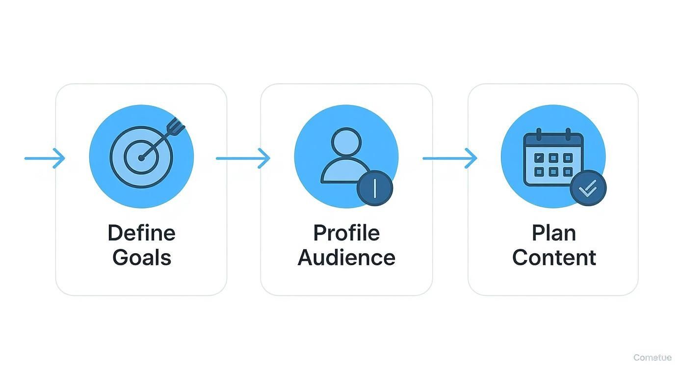 A process diagram illustrating steps to define goals, profile audience, and plan content.