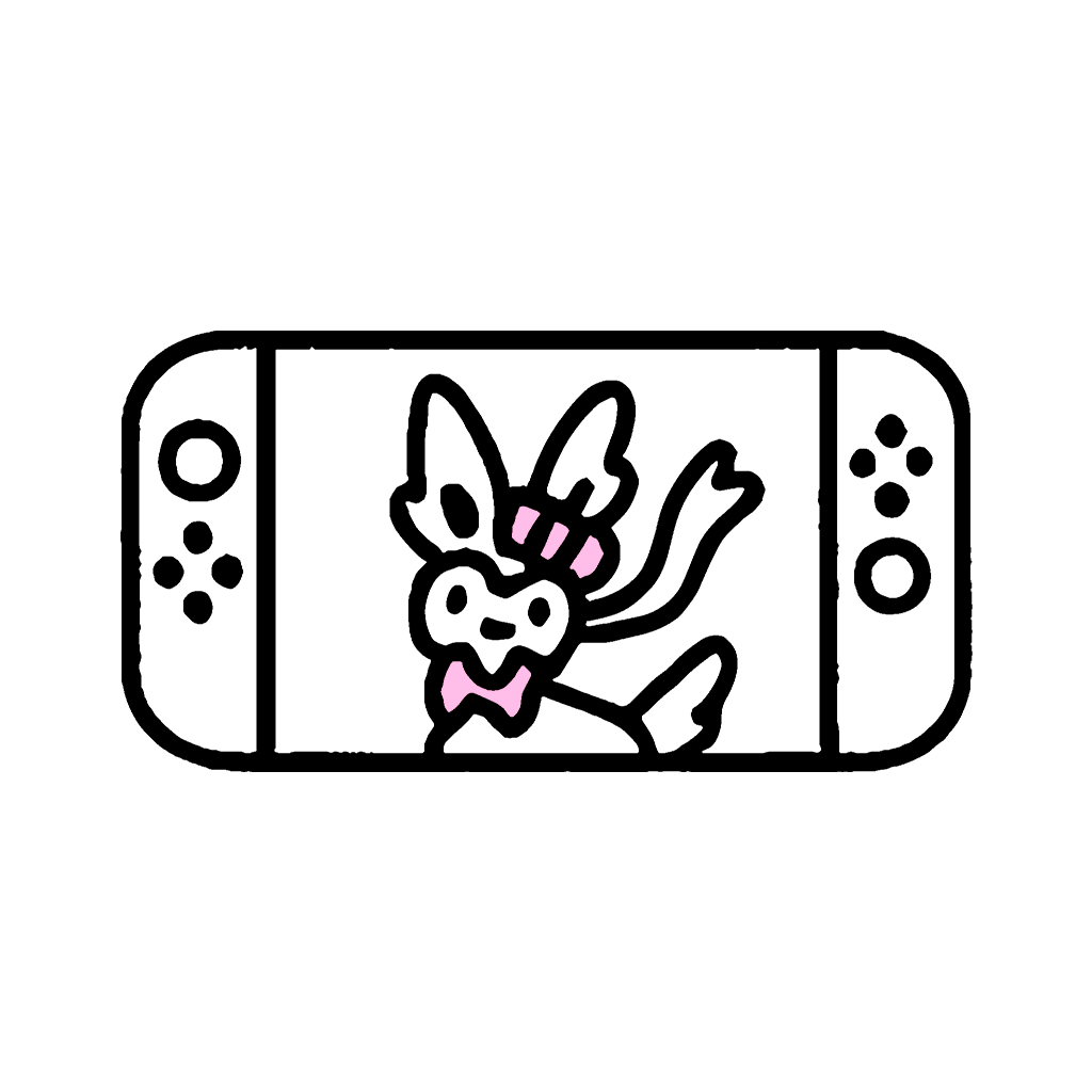 Ilustração em traço preto de um console portátil mostrando um personagem fofo na tela.