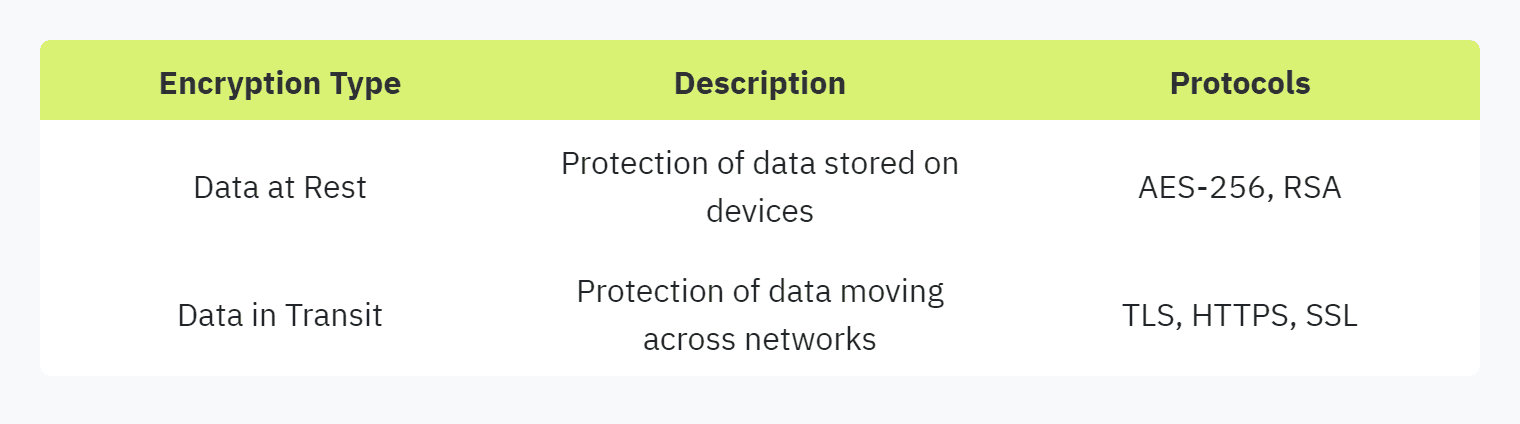 Table displaying: Encryption Type, Description, Protocols, Data at Rest, Protection of data stored on devices, AES-256, RSA, Data in Transit, Protection of data moving across networks, TLS, HTTPS, SSL