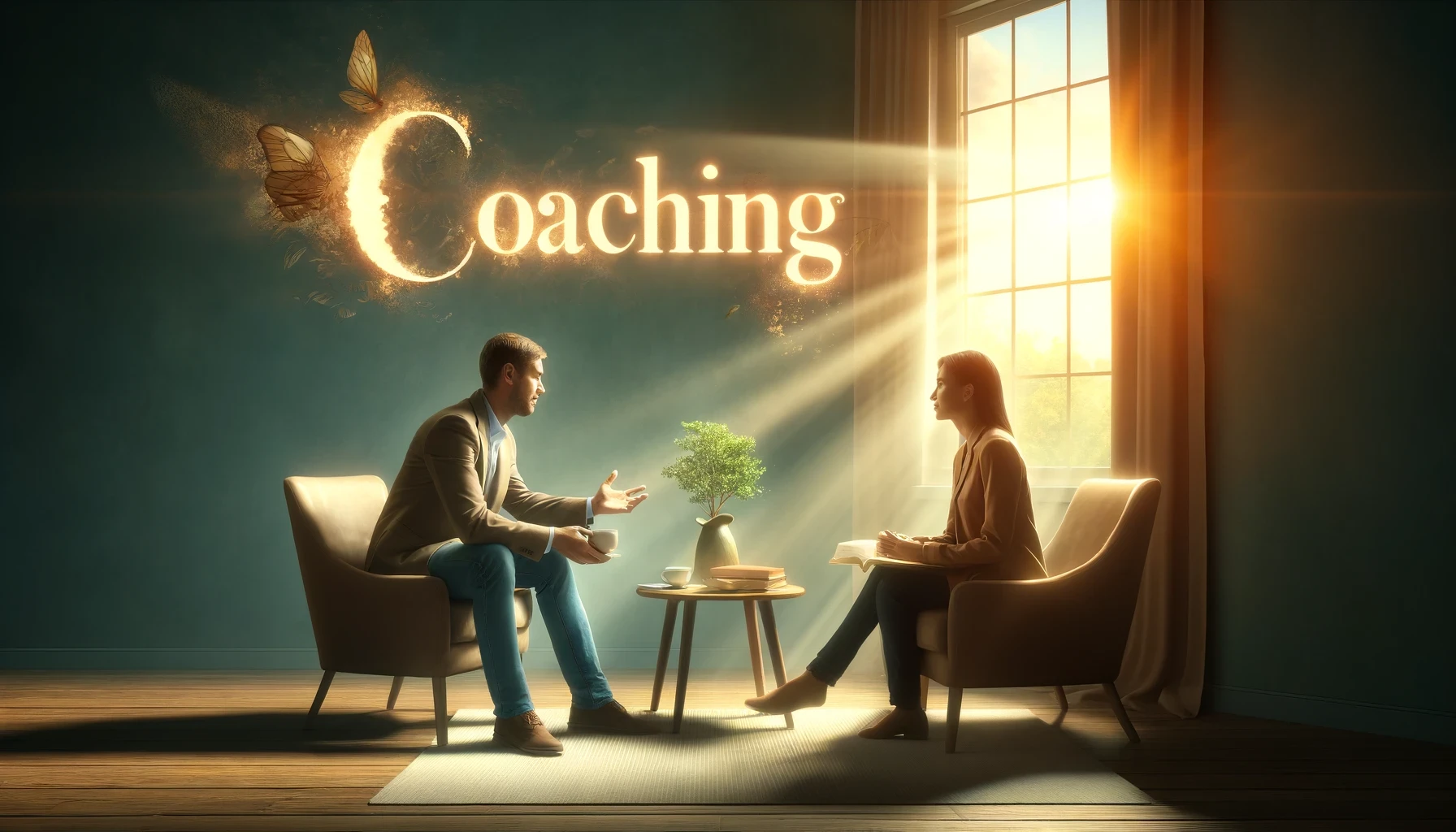 Coach and client having a discussion in a warmly lit room, with 'Coaching' written above them in glowing letters, symbolizing personal growth and professional development.