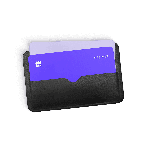 Black leather card holder with a purple Premier card inside.