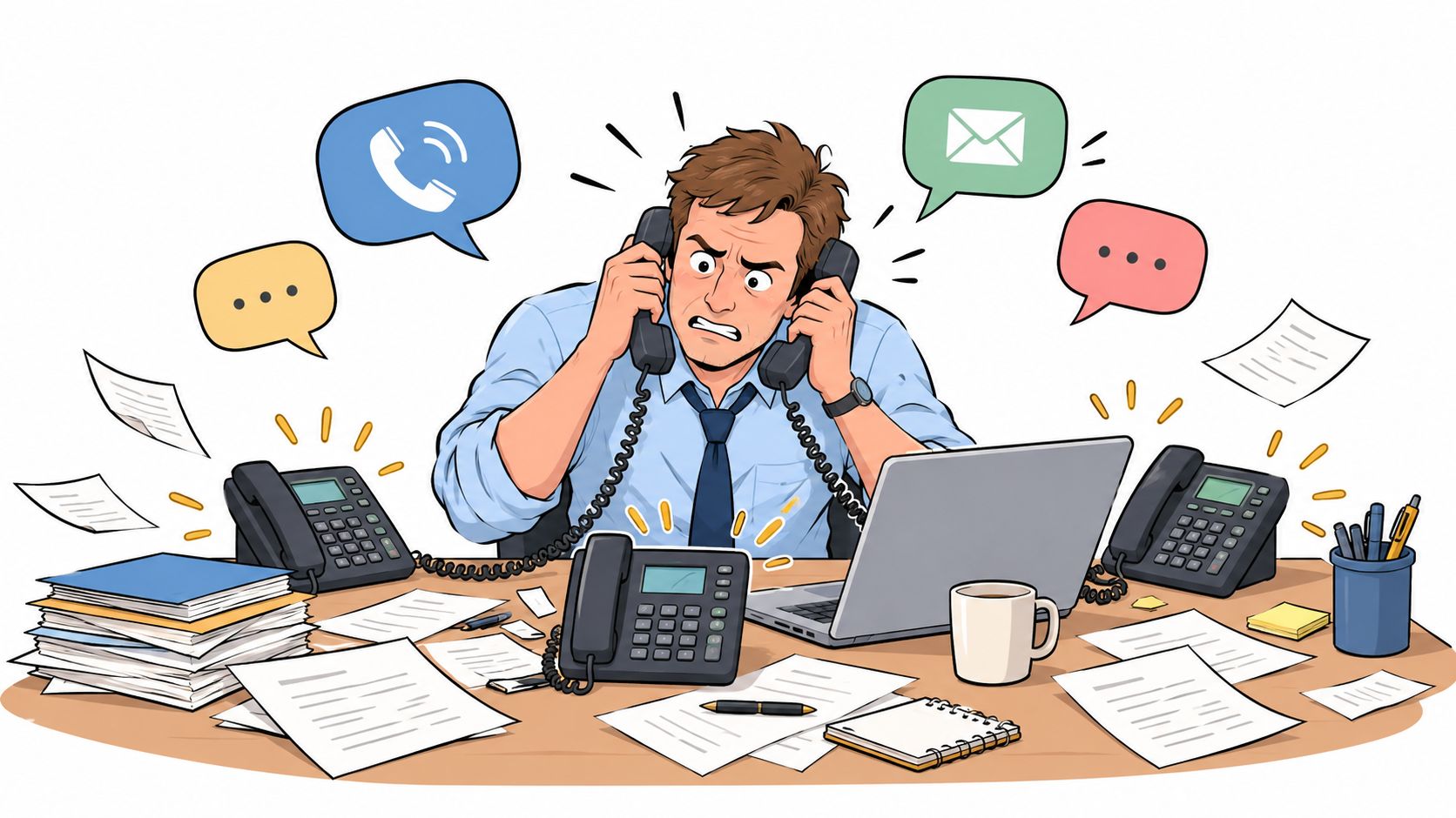 A stressed office worker multitasking with multiple phones, a laptop, and scattered paperwork on his desk.