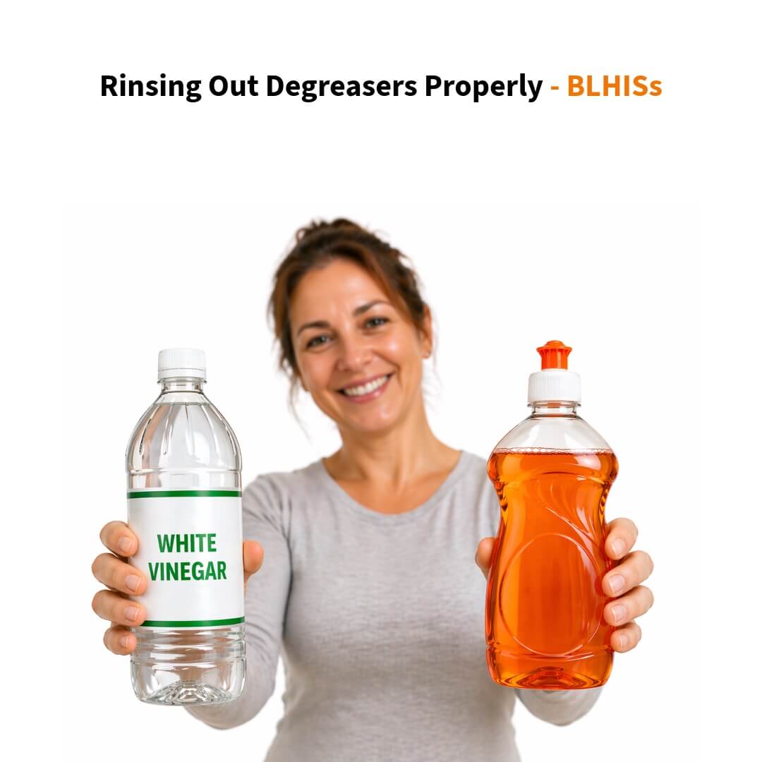 A woman in a long sleeve top holding a vinegar bottle and an orange dishwashing liquid bottle toward the camera.